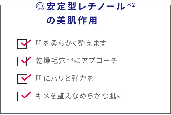 安定型レチノールの美肌作用　肌を柔らかく整えます　乾燥毛穴にアプローチ　肌にハリと弾力を　キメを整えなめらかな肌に