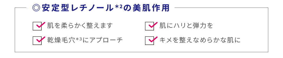 安定型レチノールの美肌作用　肌を柔らかく整えます　乾燥毛穴にアプローチ　肌にハリと弾力を　キメを整えなめらかな肌に
