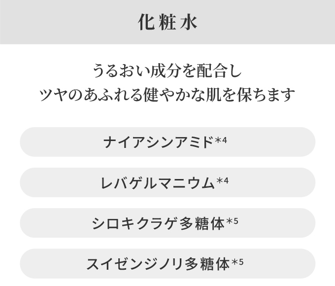 化粧水　うるおい成分を配合しツヤのあふれる健やかな肌を保ちます