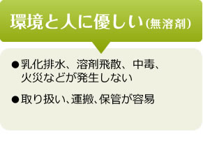 環境と人に優しい（無溶剤）　●乳化排水、溶剤飛散、中毒、火災などが発生しない　●取り扱い､運搬､保管が容易